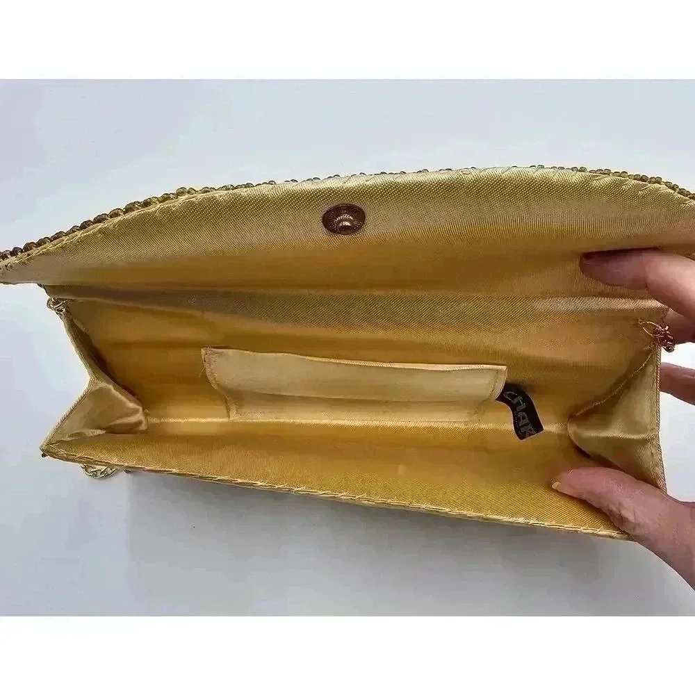 Vtg  Charisma Hong Kong Beaded Yellow and Gold Purse with Chain Strap